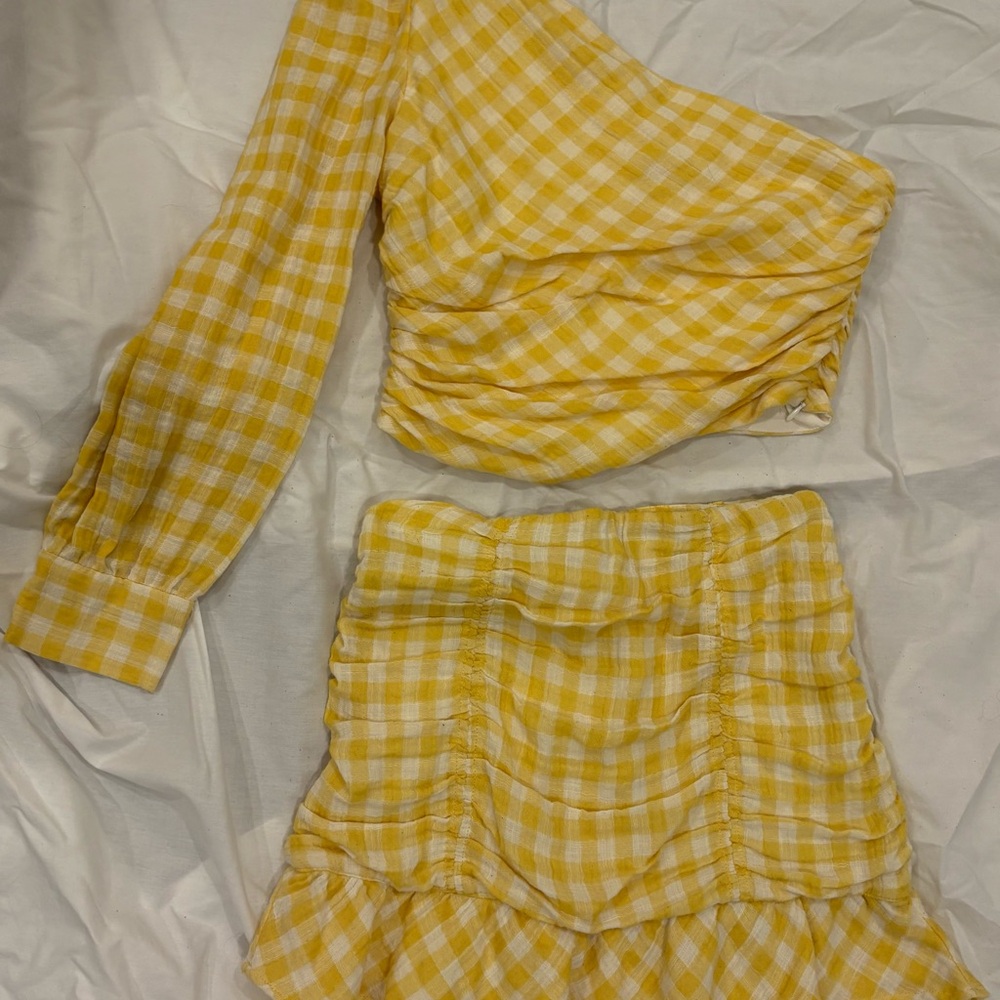 Yellow Gingham One-Shoulder Skirt Set